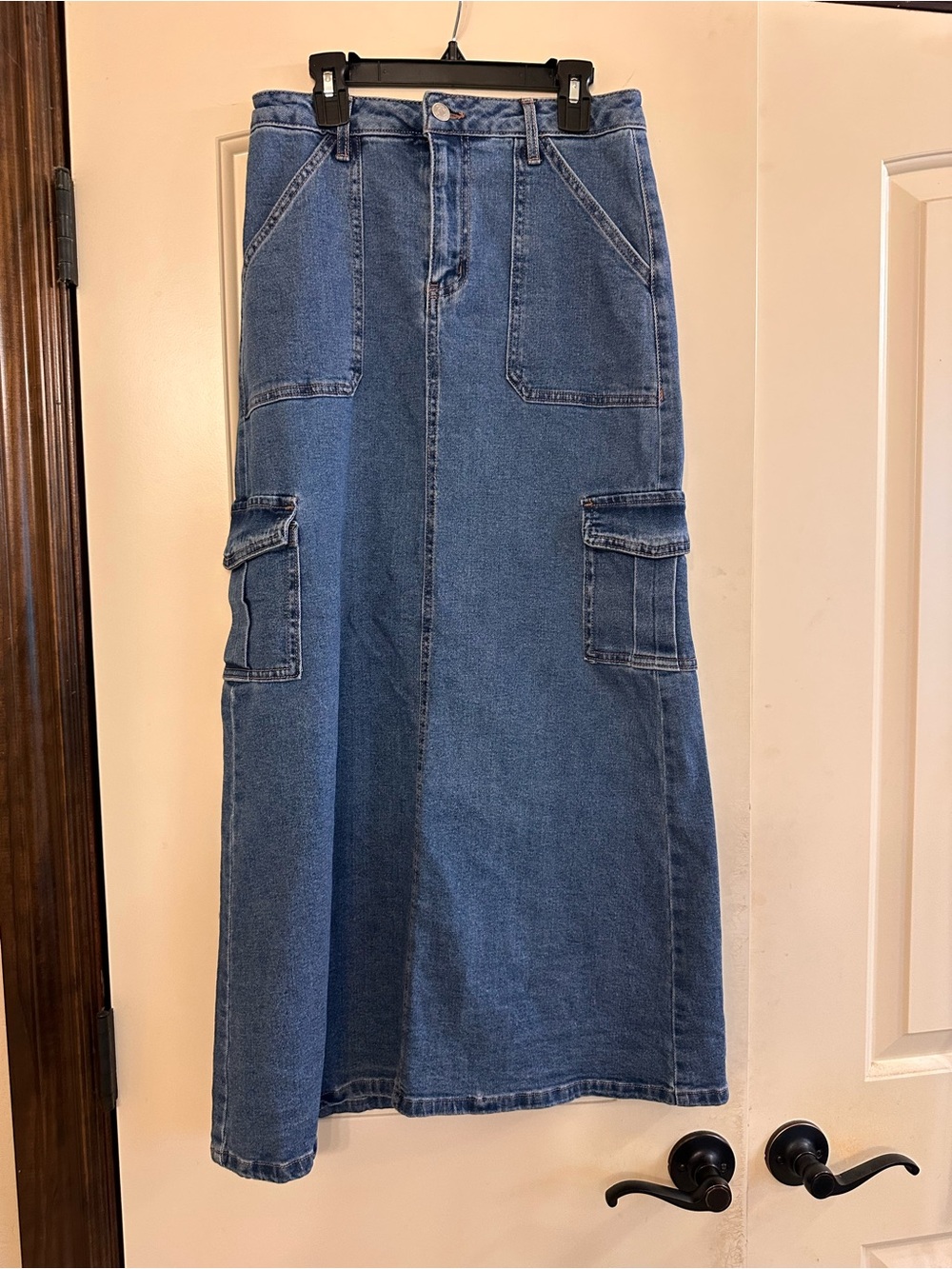 Denim Cargo Maxi Skirt in Blue